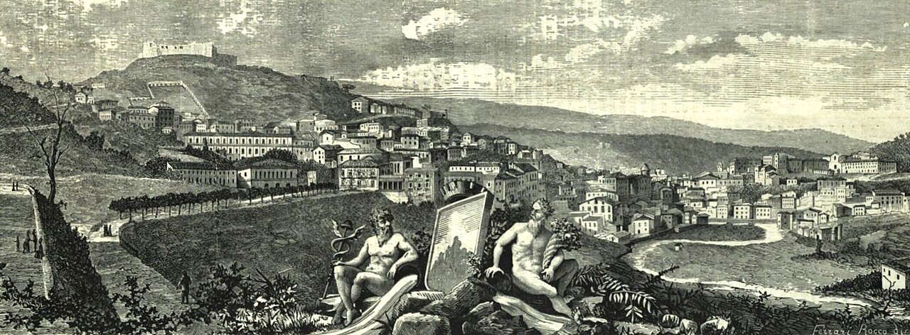 Panorama di Cosenza in un'incisione del 1880, con il castello sulla collina e il fiume in primo piano